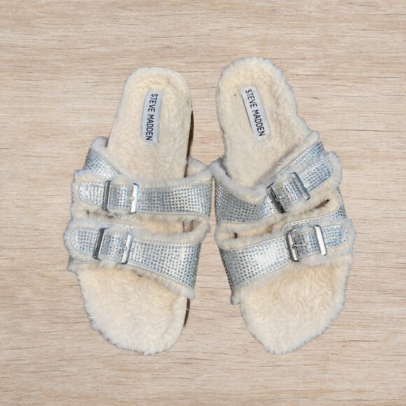 Steve Madden Sliver Rhinestone Buckle Cozy Fuzzy Slides Slippers Women's Size 6 - Picture 1 of 4